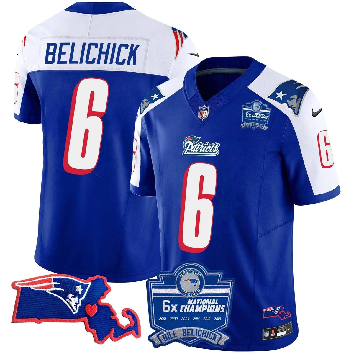 Patriots Bill Belichick 6x Champions Patch Vapor Jersey - All Stitched