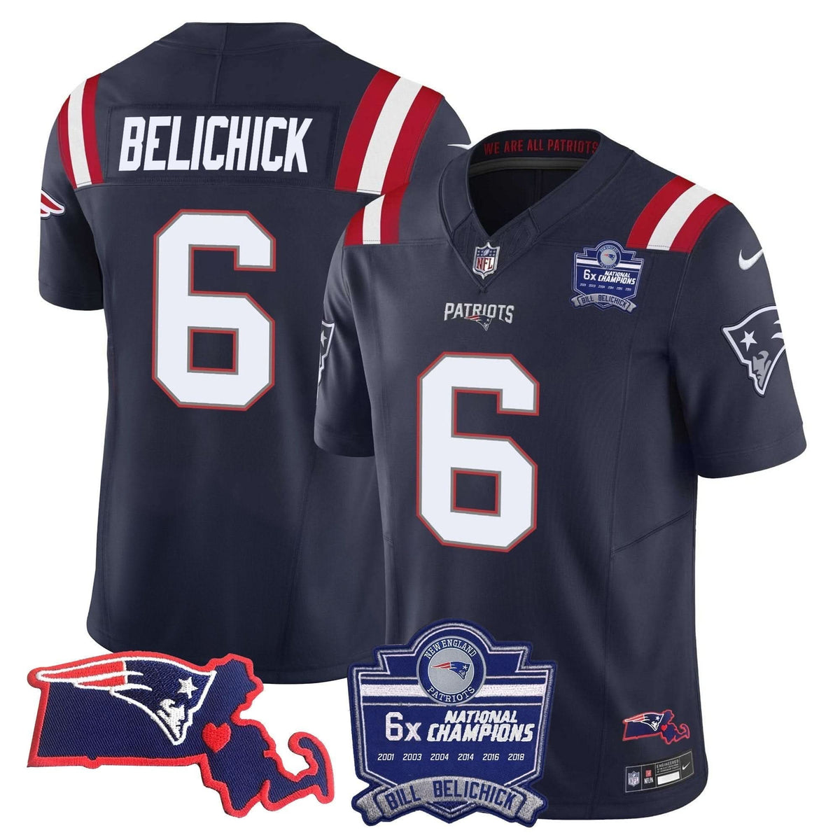 Patriots Bill Belichick 6x Champions Patch Vapor Jersey - All Stitched