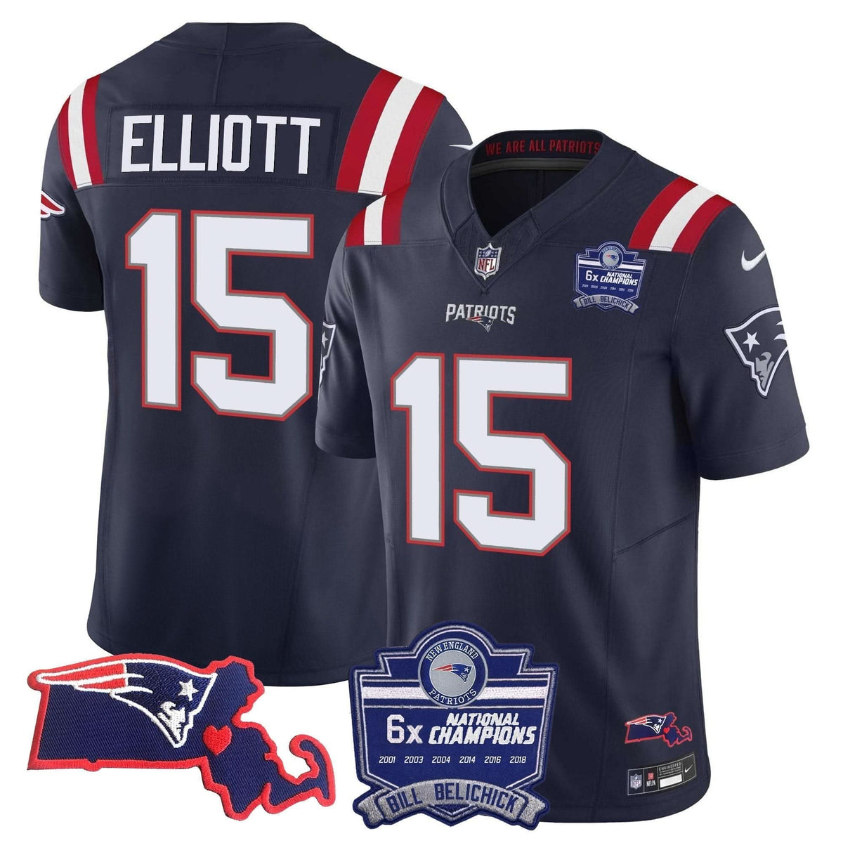 Patriots Bill Belichick 6x Champions Patch Vapor Jersey - All Stitched