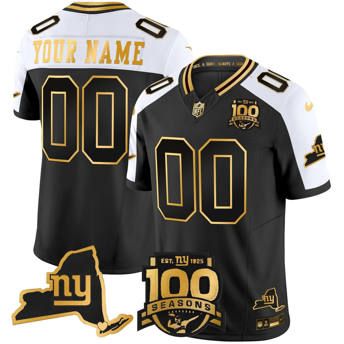 New York Giants 100th Season & State Patch Gold Vapor Limited Custom Jersey - All Stitched
